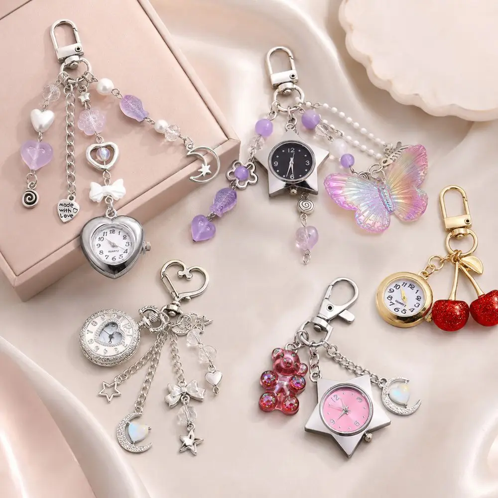 Zinc Alloy Star Pocket Watch Keychain Butterfly Cherry Bag Charm Little Bear Steampunk Style Hollow Heart Pendant