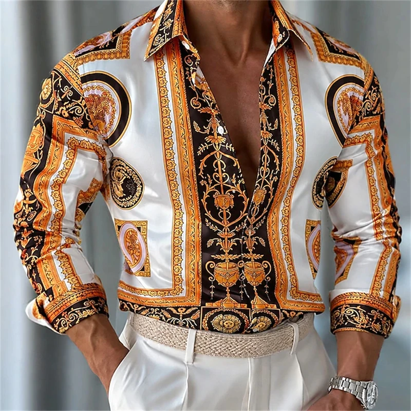 Men's Luxury Long-Sleeve Shirt Vintage Print Button-Down Ideal for Parties and Vacations Outdoor Street-Style Collared Shirt