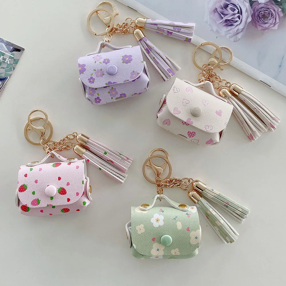 Case For Airpods Pro 2 3 Cute Leather Bag Flower Strawberry Heart Charging Box Cover Soft Earphone Case with Tassels Keyring