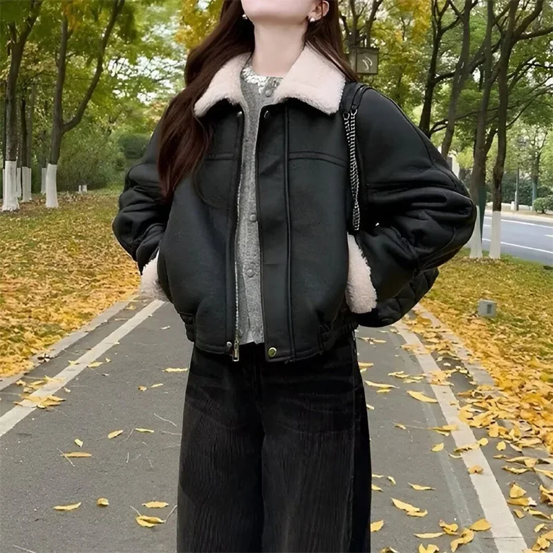 

Черная куртка из искусственного меха под овчину, утепленная, на меховой подкладке, кожаная, для женщин, 2026, верхняя одежда для мотоциклистов, весна-осень, WLF