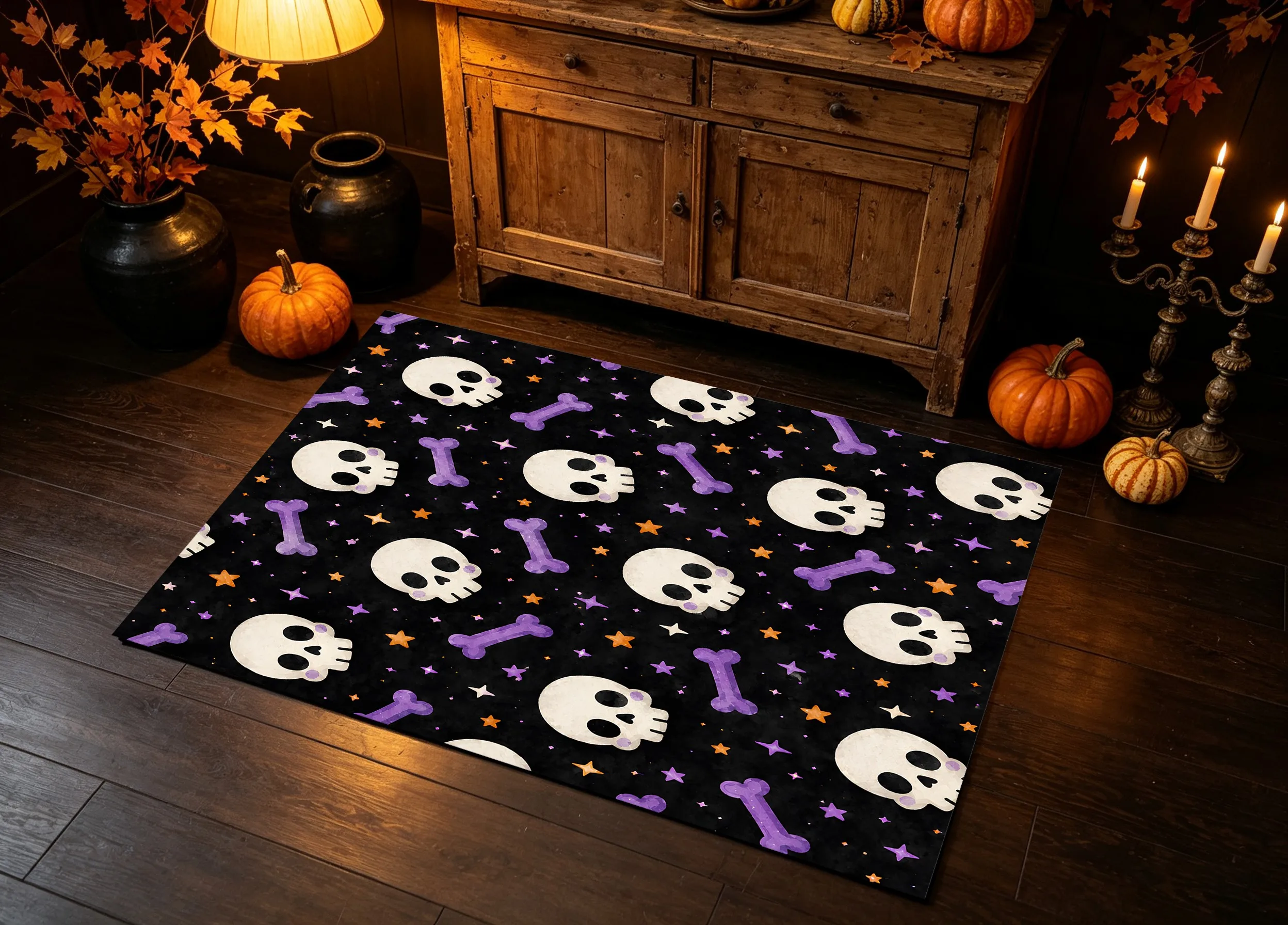 Velvet Rug Cartoon Skull Purple Bone Star All over Quirky Fun for Entryway Bedroom Party Decor