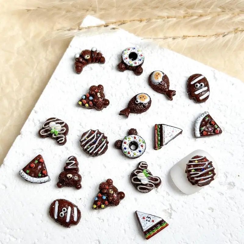 30PCS Cute Bear Donut Ice-cream Nail Charms Simulated Chocolate Sandwich Croissant Resin Nail Art Decorations DIY Nails Parts