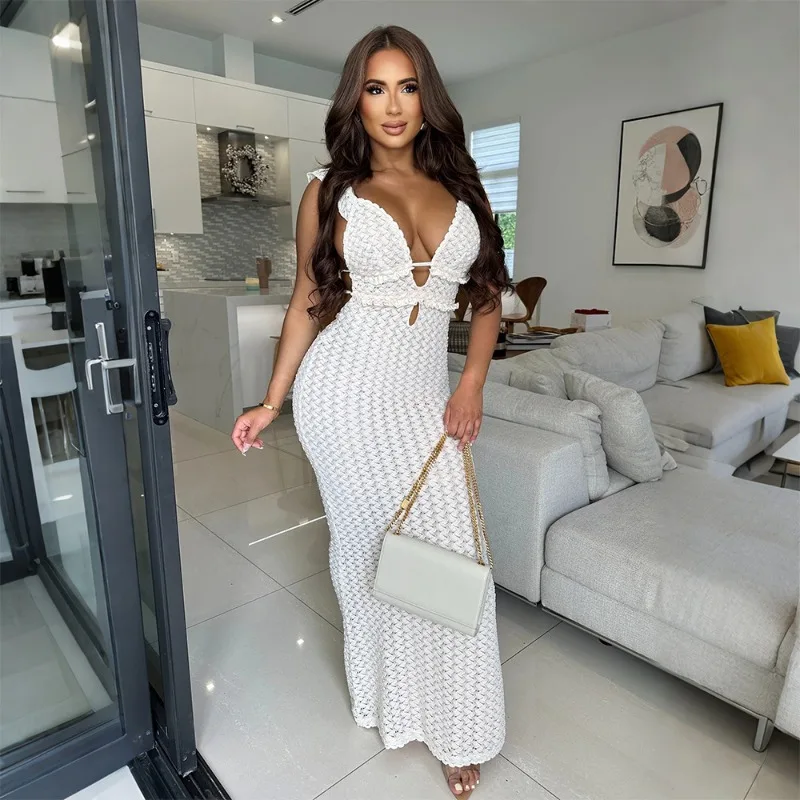 

GUWU женское облегающее длинное платье макси без рукавов с v-образным вырезом и оборками, лето 2022, тонкое вечернее платье для дня рождения, отпуска, сексуальные клубные вечерние платья