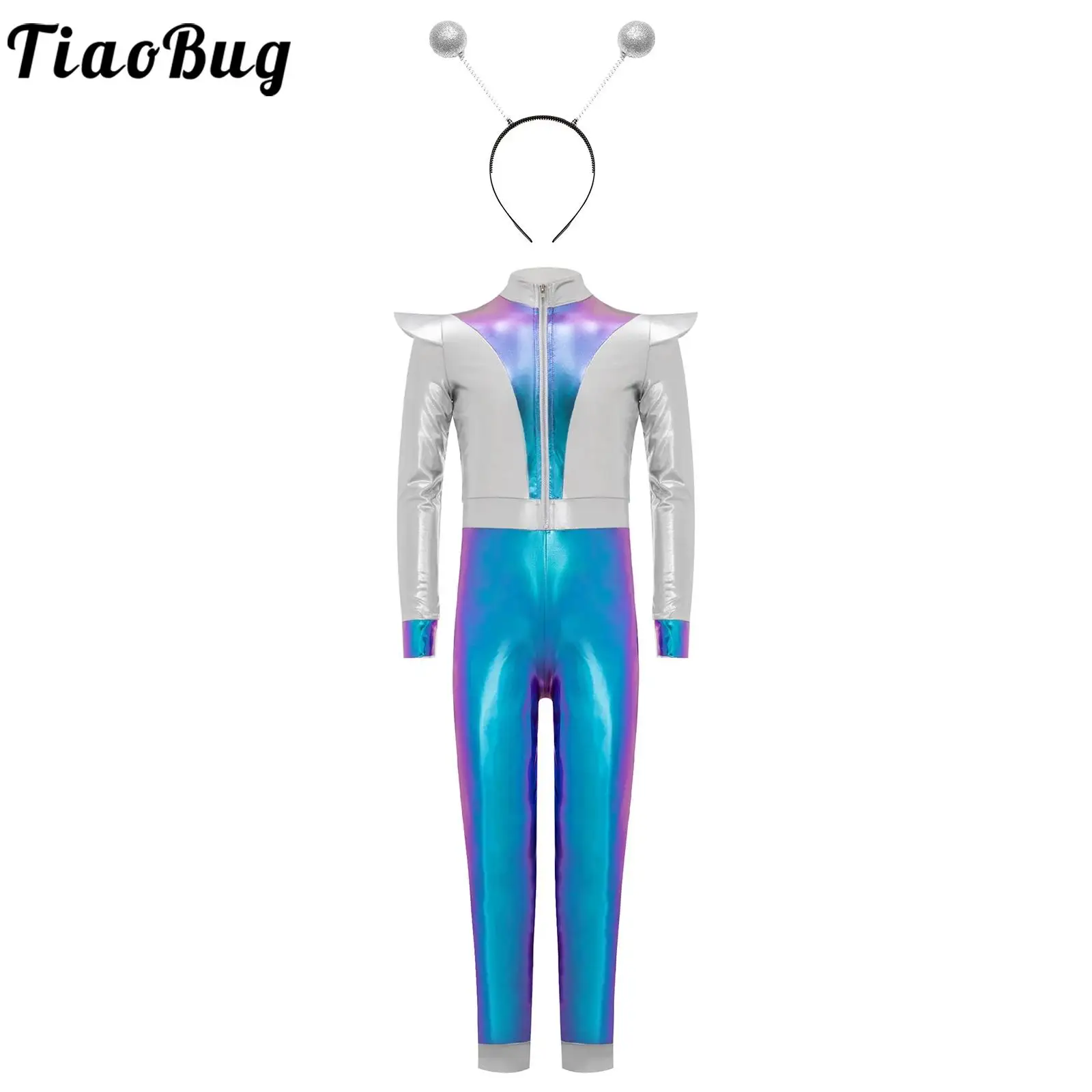 Girls Alien Robot Cosplay Costume Halloween Outer Space Theme Party Jumpsuit Long Sleeves Shiny Metallic Bodysuit with Hair Hoop