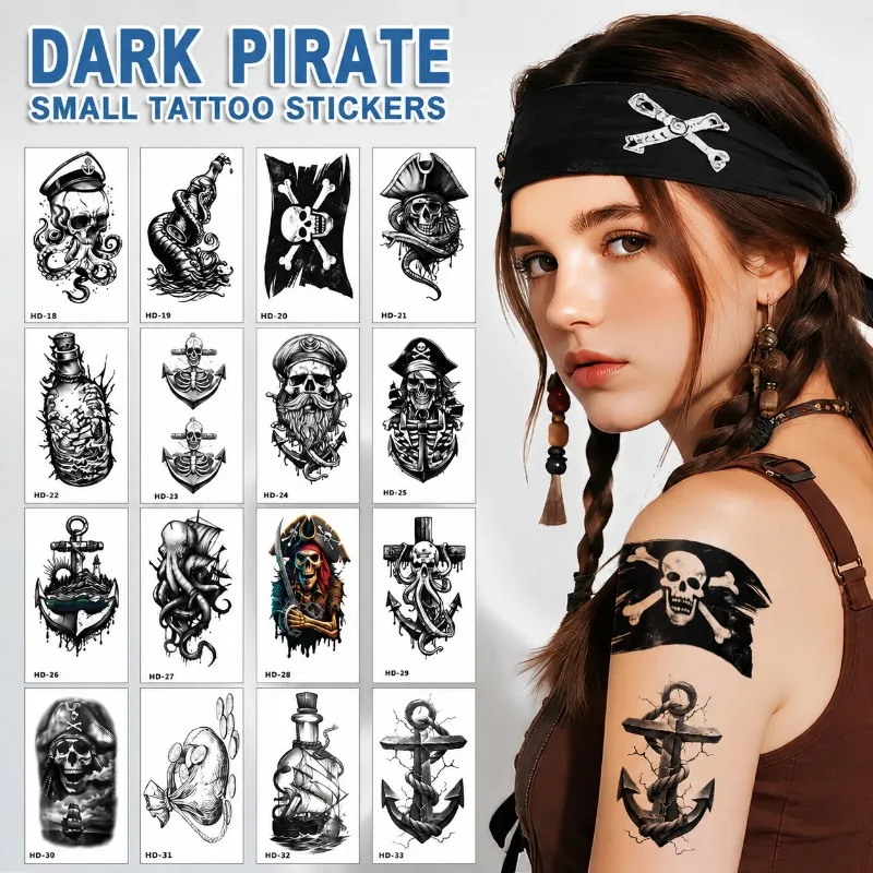 American Skull Pirate Temporary Tattoo Stickers Nordic Dark Mini Patterns Waterproof Arm Body Decals Fashion Body  Art