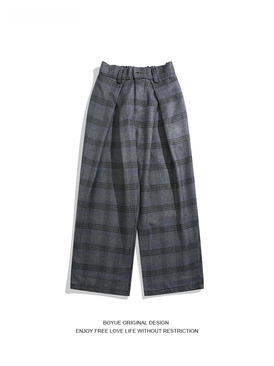 

Boyue Retro Plaid Wide Leg Men's Trousers Loose Casual Wool Thiened Lazy Sle Drapey Long Pants Youth Faion Autumn Wear