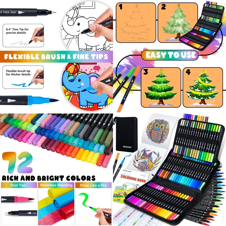 

72 Colors Dual Tip Art Markers Pens for Adult Coloring Books Brush and Fine Tip Coloring Marker for Drawing Journaling Note Tak