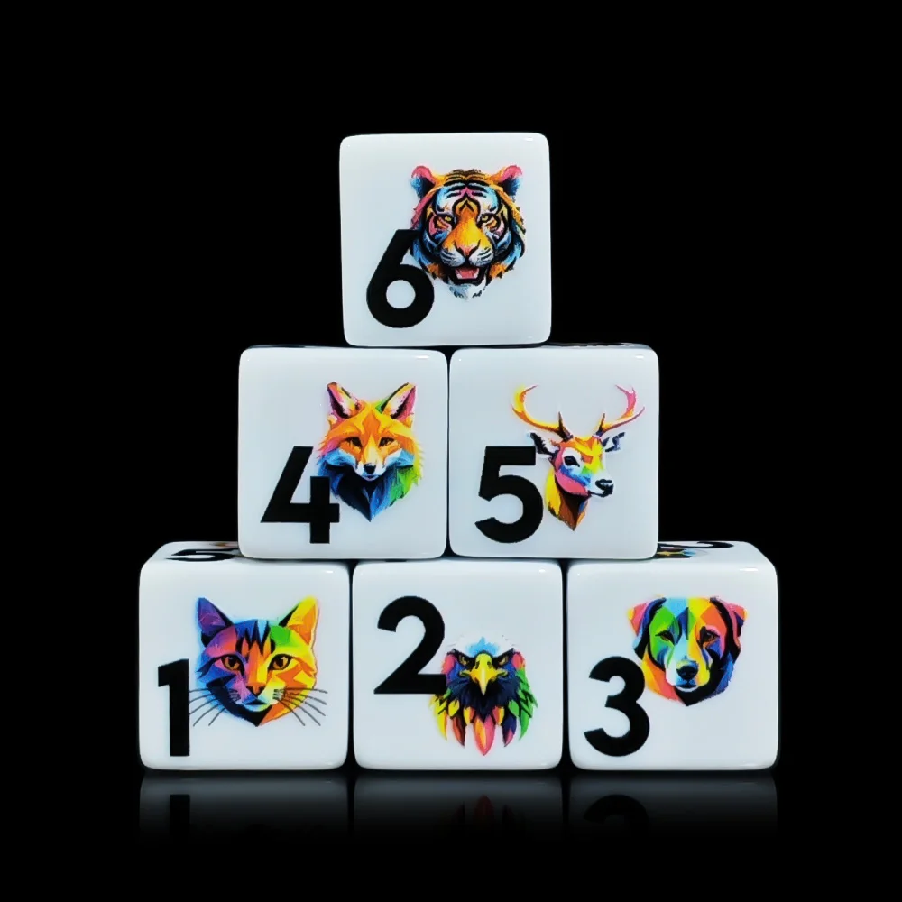 12Pcs 16MM Acrylic D6 Game Dice, Vibrant Multicolor Pet & Wild Animal Printed Six Sided Cube For Table Gaming
