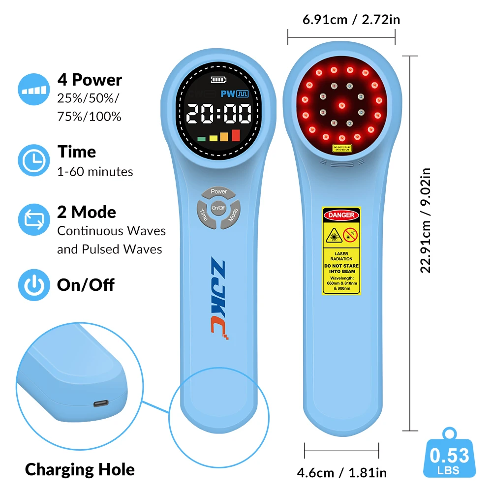 ZJKC Cold Laser Therapy Device for Pets Human 660nmx16+810nmx4+980nmx4 Laser for Bursitis Pain Relief Handheld Rechargable