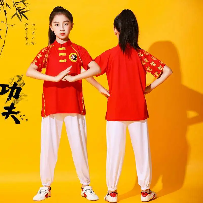 New Unisex Kids Breathable Soft Short Sleeve Martial Arts Tai Chi Performance Costume for Daily Training and Stage Show