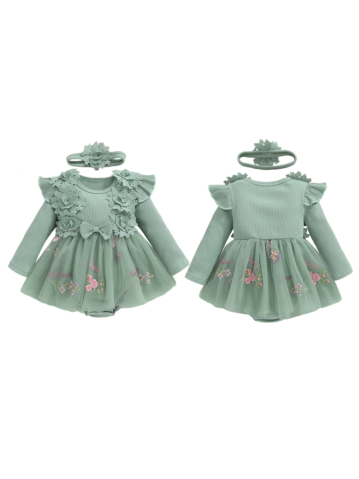 

Infant Girl s Romper Dress Ensemble with Crew Neck Long Sleeves Floral Print Lace Tutu Bodysuit and Matching Headband