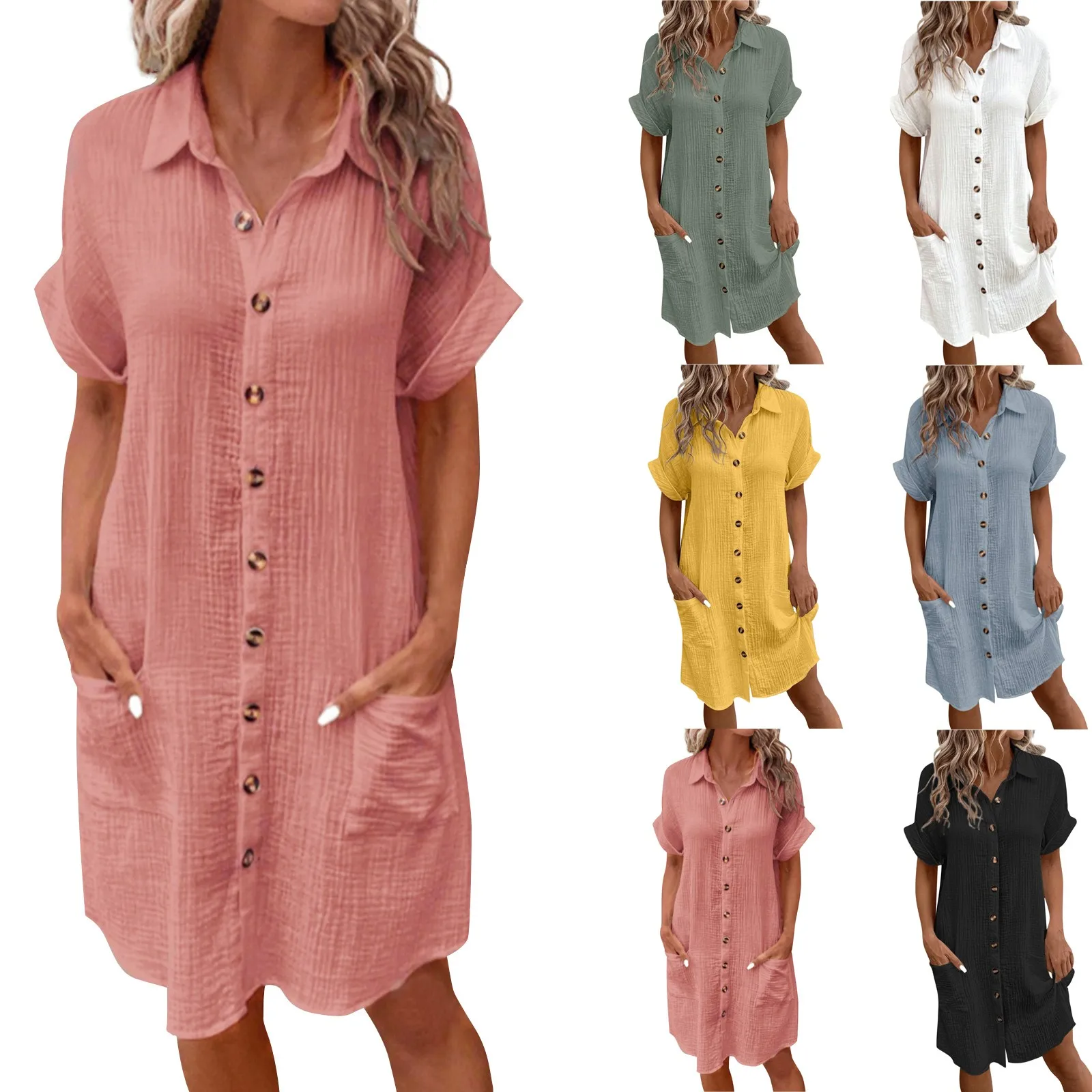 New Women\'S Fashion Casual Solid Color Buttoned Mid-Length Short Sleeve Loose Dress летние Nuevo En Vestidos Verano Moda