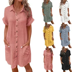 New Women'S Fashion Casual Solid Color Buttoned Mid-Length Short Sleeve Loose Dress летние Nuevo En Vestidos Verano Moda