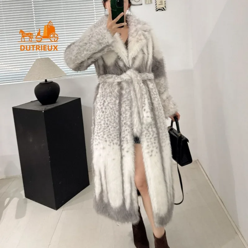 معطف فرو طويل للنساء شتوي سميك لعام 2025، ياقة فرو كاملة من جلد الغزال 100%، سترة دافئة برباط للعطلات للنساء