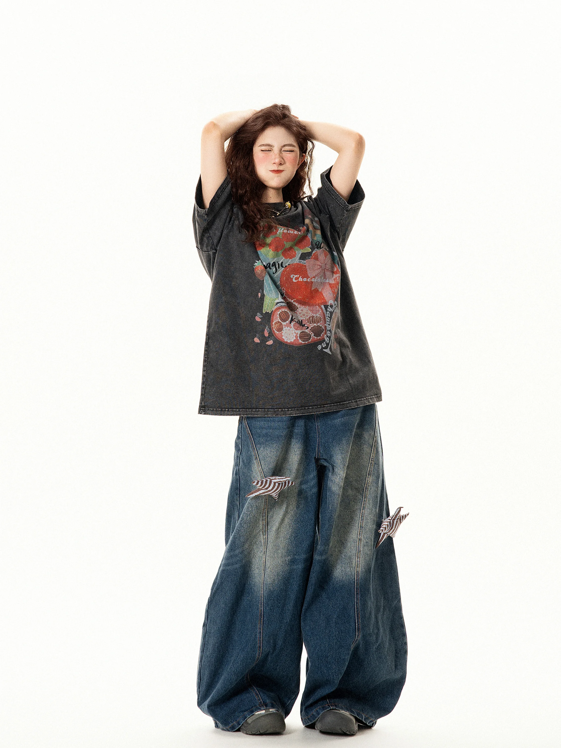 

Женская летняя свободная футболка с американским цветочным принтом в стиле ретро, универсальная уличная футболка прямого кроя, базовый круглый топ Ne