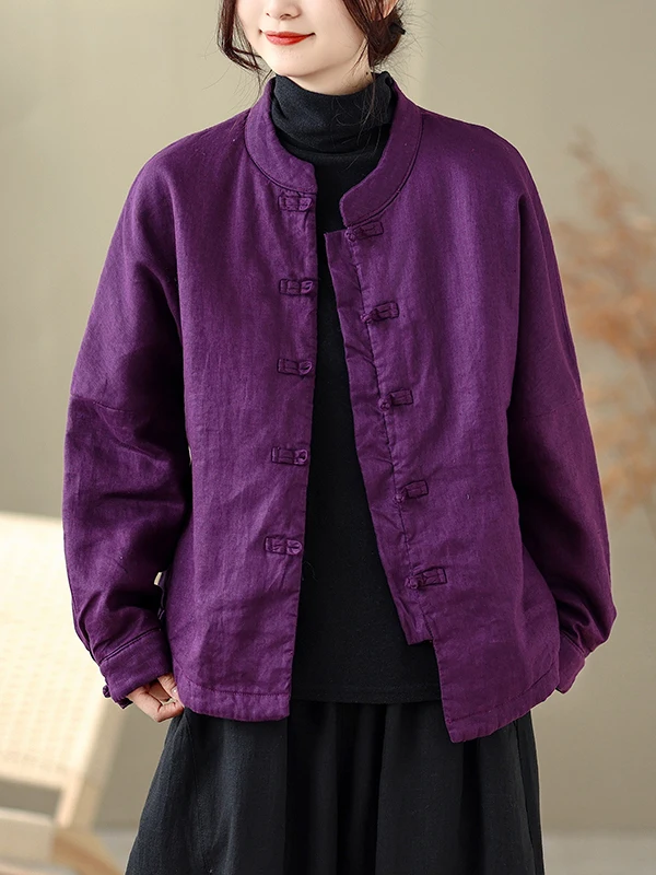 

Повседневное легкое китайское пальто для женщин: воротник-стойка, на пуговицах, хлопок, длинный рукав, однотонное, зимняя модная верхняя одежда