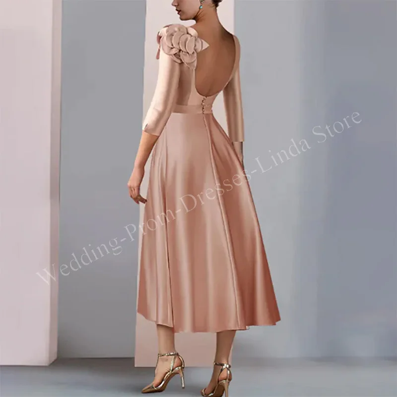 Elegant 3D Flower Mother of the Bride Dresses Satin Scoop-Neck Tea-Length A-Line Wedding Guest Party for Women 2023 Evening Gala