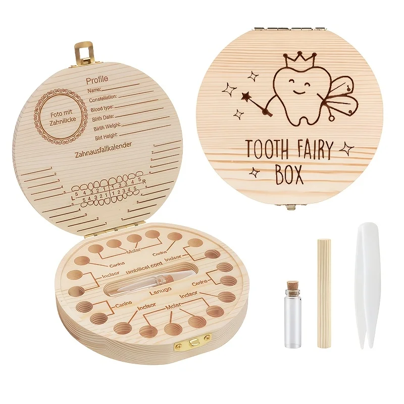2D Round Wooden Baby Tooth Box Circular Fairy Tale Patterned Gift for Children's Tooth Storage with Hole-Punching Design