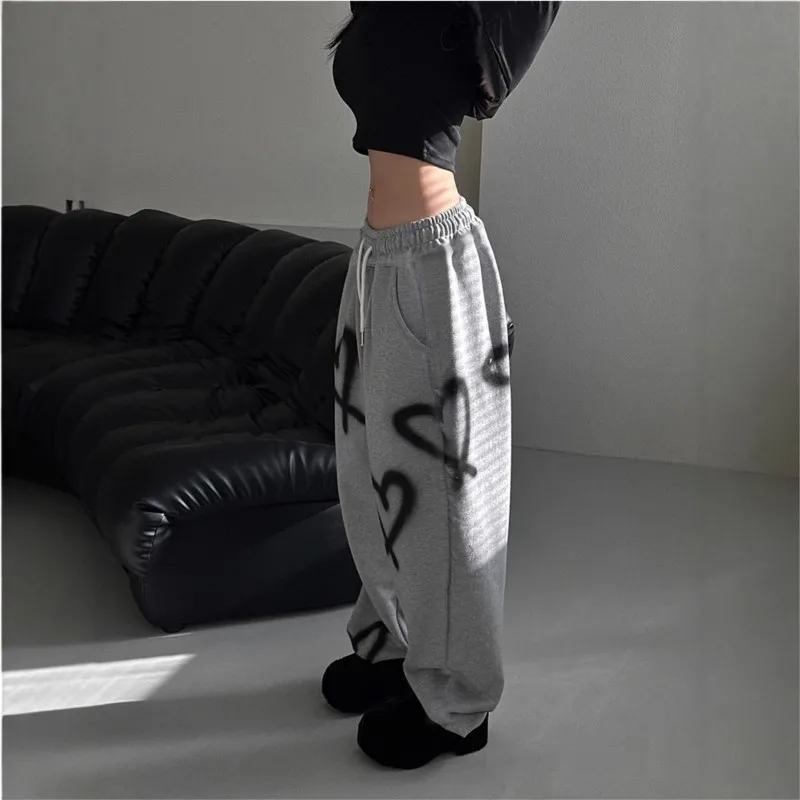 2025 All-match Wide Legs Sweatpants Woman Pants Printed Love Y2k Clothing Drawstring Elastic Waist Simple Style Sports Commuting