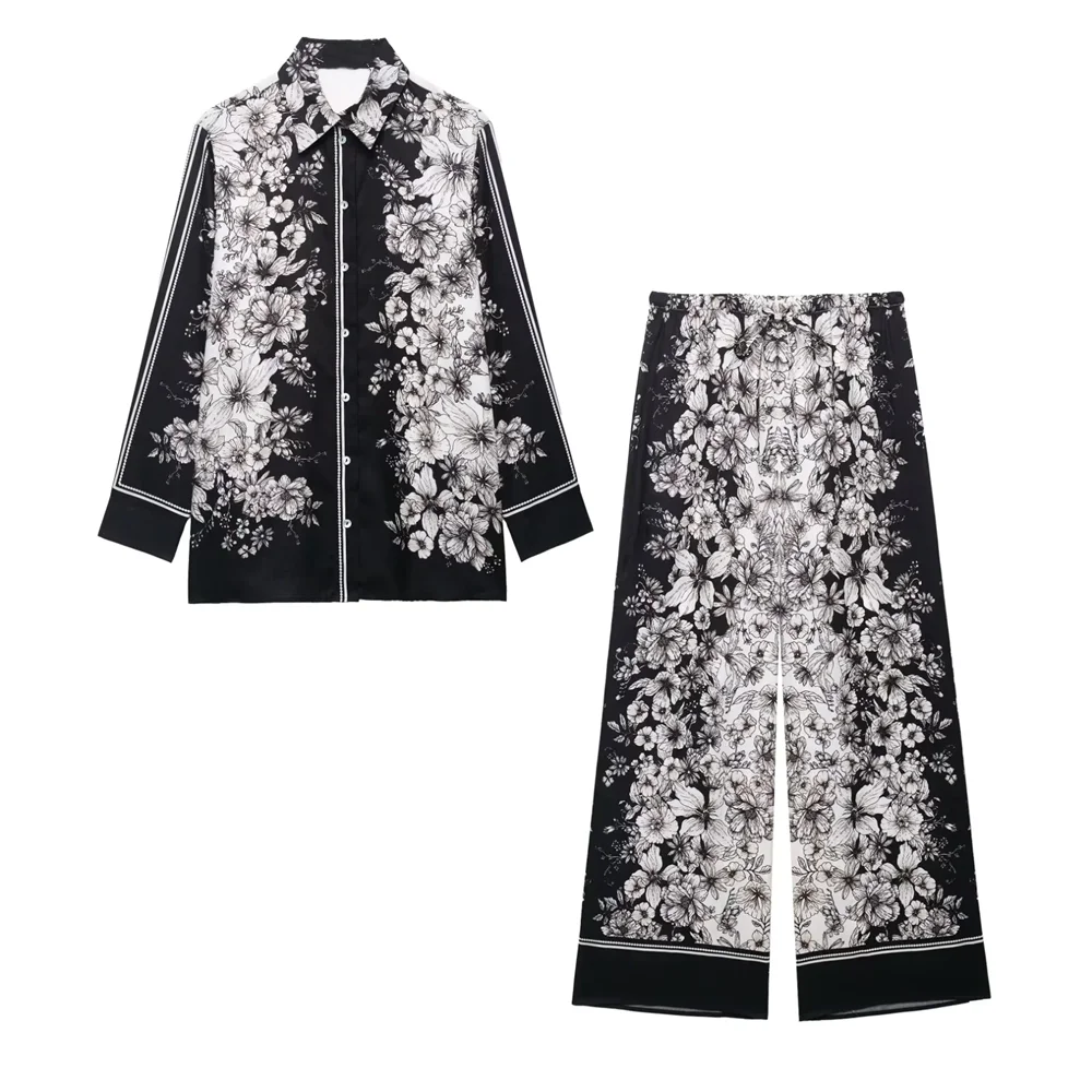 

PB&ZA2025French printed loose niche lapel long-sleeved shirt + printed drawstring wide-leg pants suit for women