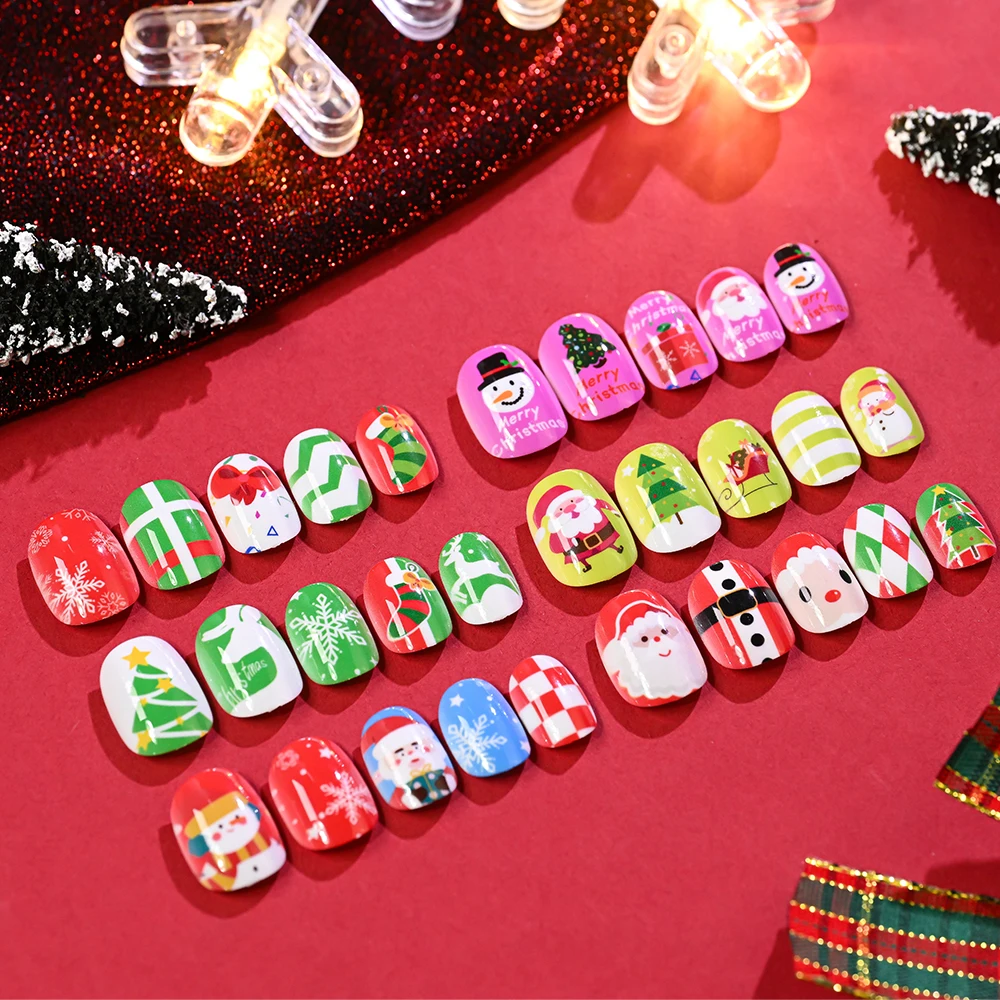 144個入り/箱 クリスマス ショート ラウンド つけ爪 可愛いサンタクロース 雪だるま 雪の結晶 フェイクネイル キッズ 女の子 クリスマス ネイルチップ