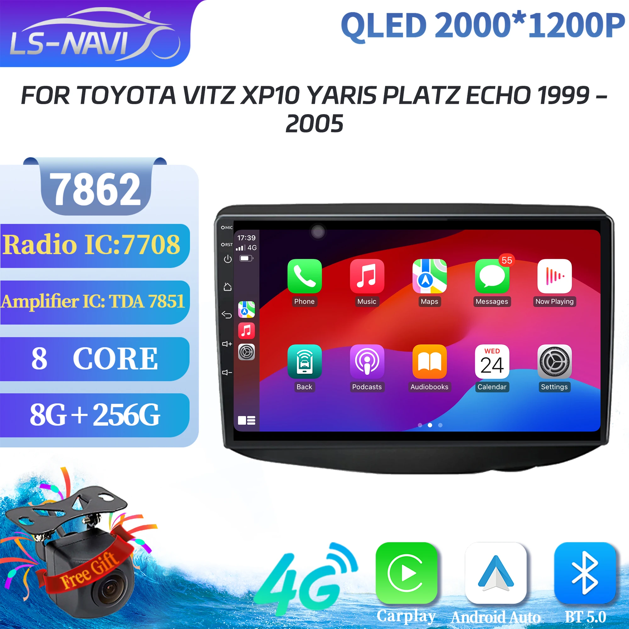 Android 14 para Toyota Vitz XP10 Yaris Platz Echo 1999-2005 Radio de coche inalámbrica BT Carplay 7862 8 + 256 radio 2K QLED pantalla estéreo