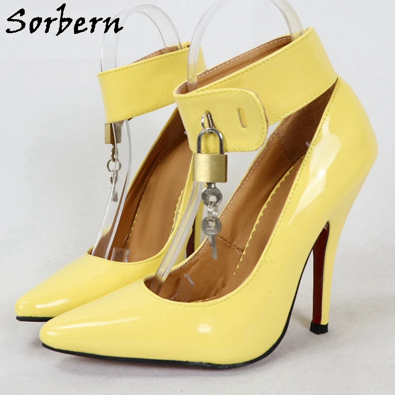 Sorbern Sexy Bdsm Women Pumps High Heels Ankle Straps Lock Keys Pole Dance Party Shoes Night Club Footwear Pump Heels Size 12