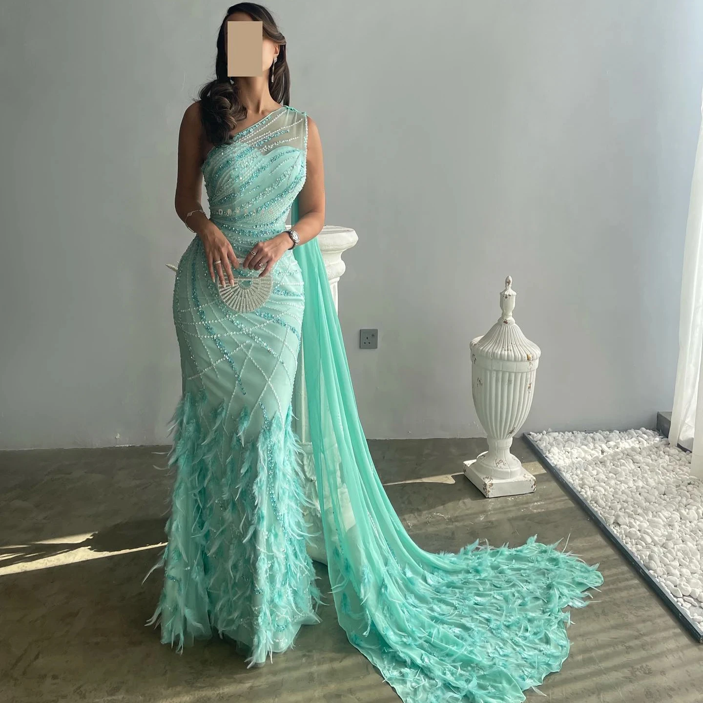 

Jancember Feather Turquoise Aqua One Shoulder Mermaid Evening Dress with Cape Train Long Prom Wedding Party Gowns SZ498