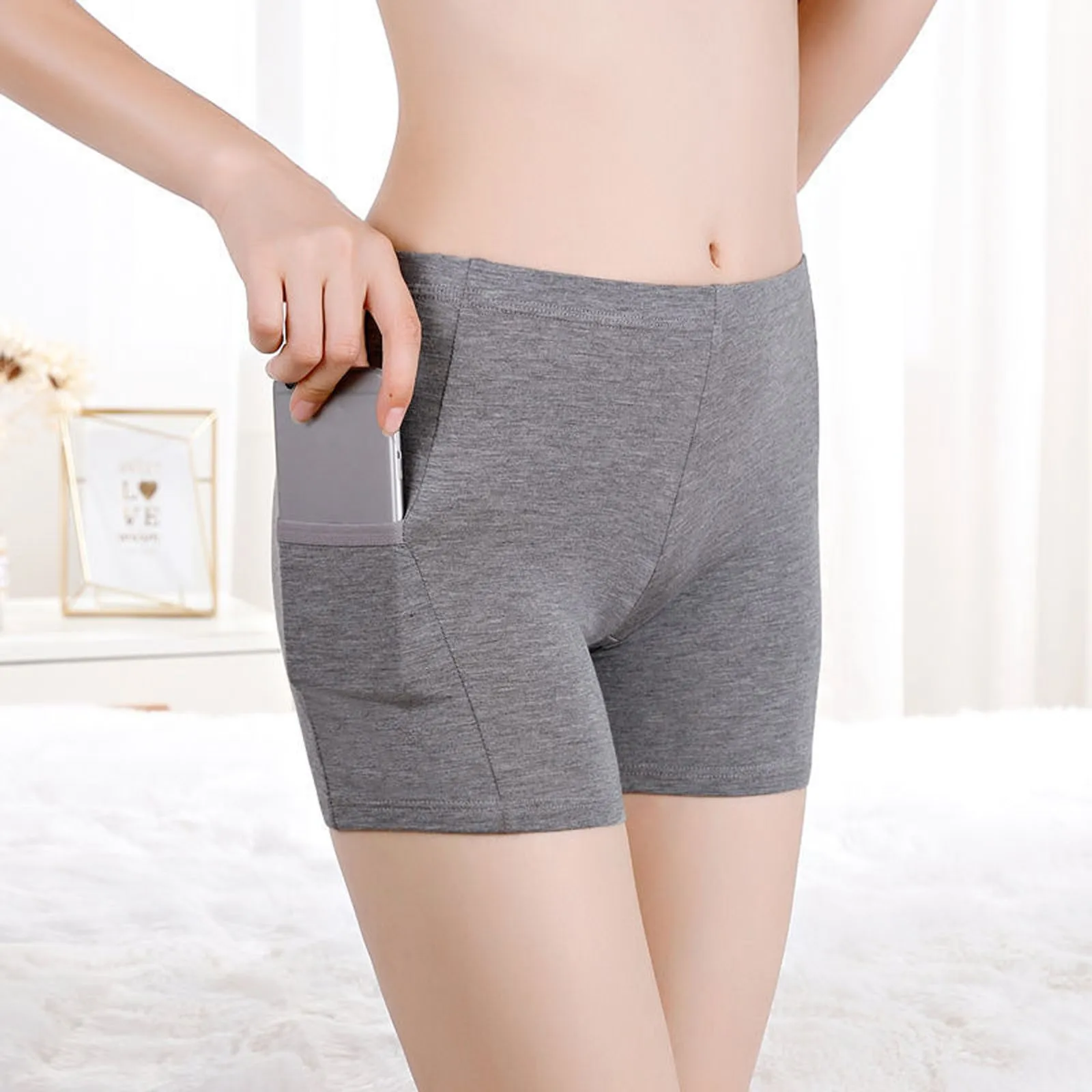 Women Solid Color Panties Glare Splice Non Rolling Tight Underwear Pocket Shorts for Women Cotton