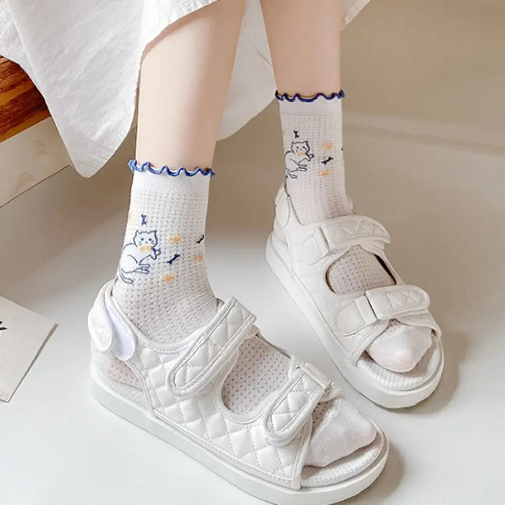 Cute Lovely Breathable Japanese Harajuku Solid Color Cotton Socks Cat Pattern Girls Mesh Socks Short Hosiery