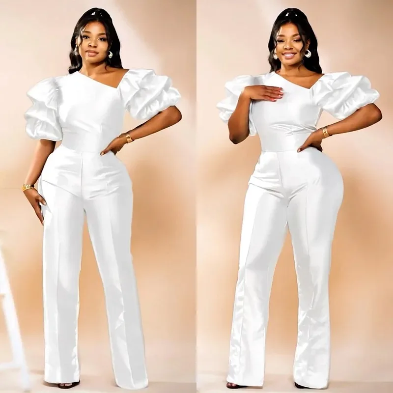 

Dashiki African Clothes for Women Summer Elegant African Short Sleeve Polyester White Black Blue Long Jumpsuit Outfits M-2XL