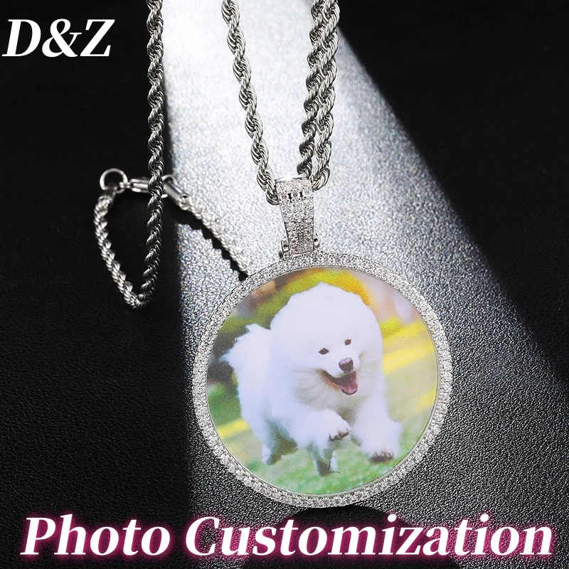 D & Z-medallones de memoria de circón Iced Out, colgante de foto personalizado, círculo, imagen personalizada, collar, regalo para la familia, Hip Hop