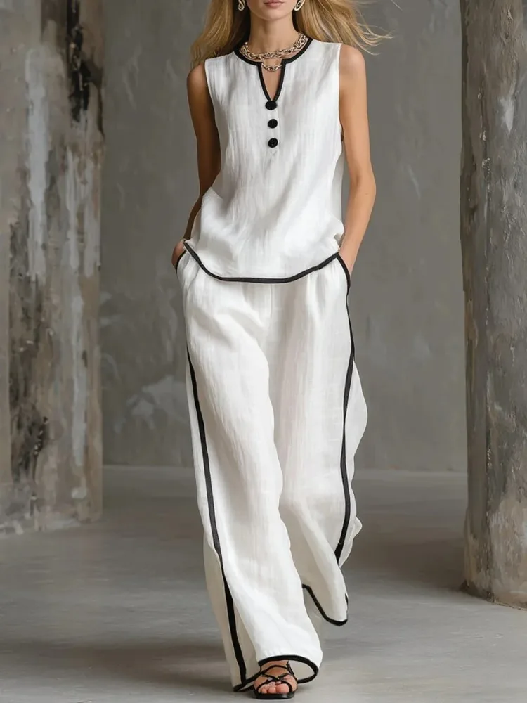 

Summer Woman Sets 2 Pieces Casual Color Blocking Sleeveless Button Vest Elastic Waist Wide-leg Pants Set Womens Matching Sets