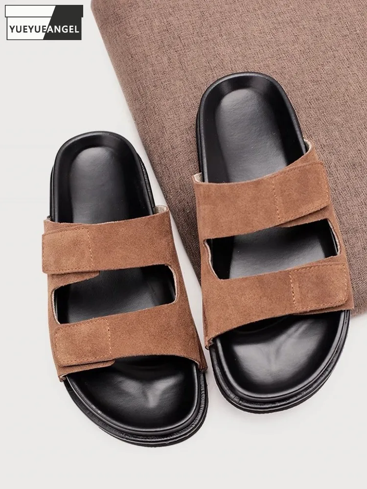 

Мужские летние повседневные уличные тапочки из натуральной коровьей замши, пляжная обувь на толстой платформе с крючками и петлями, лоферы без шнуровки, шлепанцы