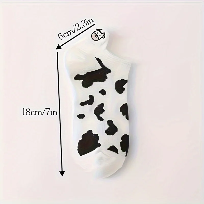 5 أزواج من جوارب الكاحل النسائية - خطوط مطبوعة على شكل بقرة لطيفة، بوليستر محبوك ناعم 100%، جوارب كاجوال بتصميم منخفض القطع وجيد التهوية