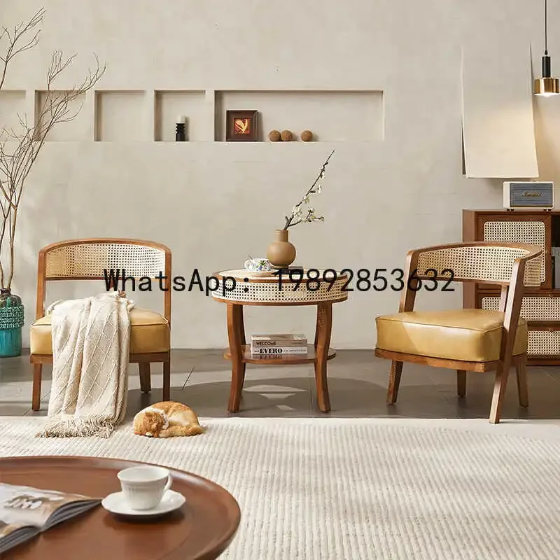 

4-10 rattan table and chair three-piece combination household living room leisure sofa chair solid wood single rattan chair