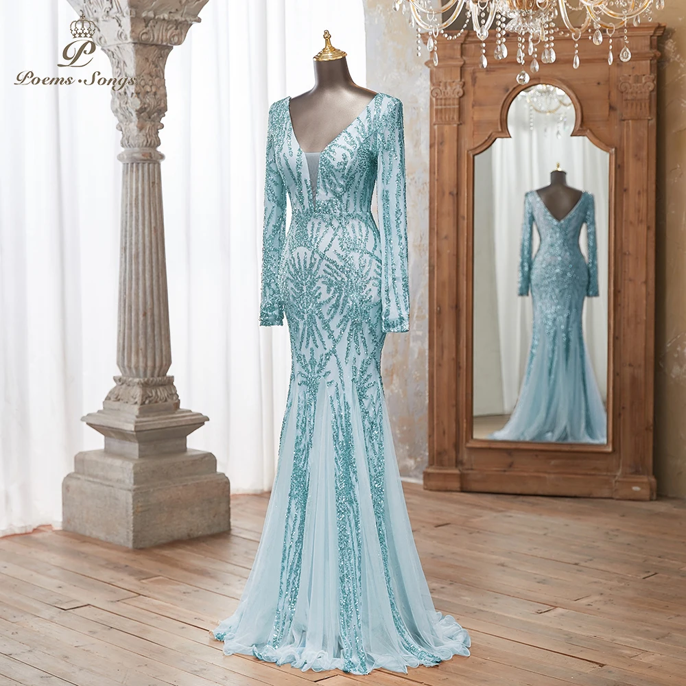 Luxurious Sky blue Long Sleeve Sequin Gown Deep V-Neck Embellished Pattern Mermaid Formal Dress Elegant Evening Special Events