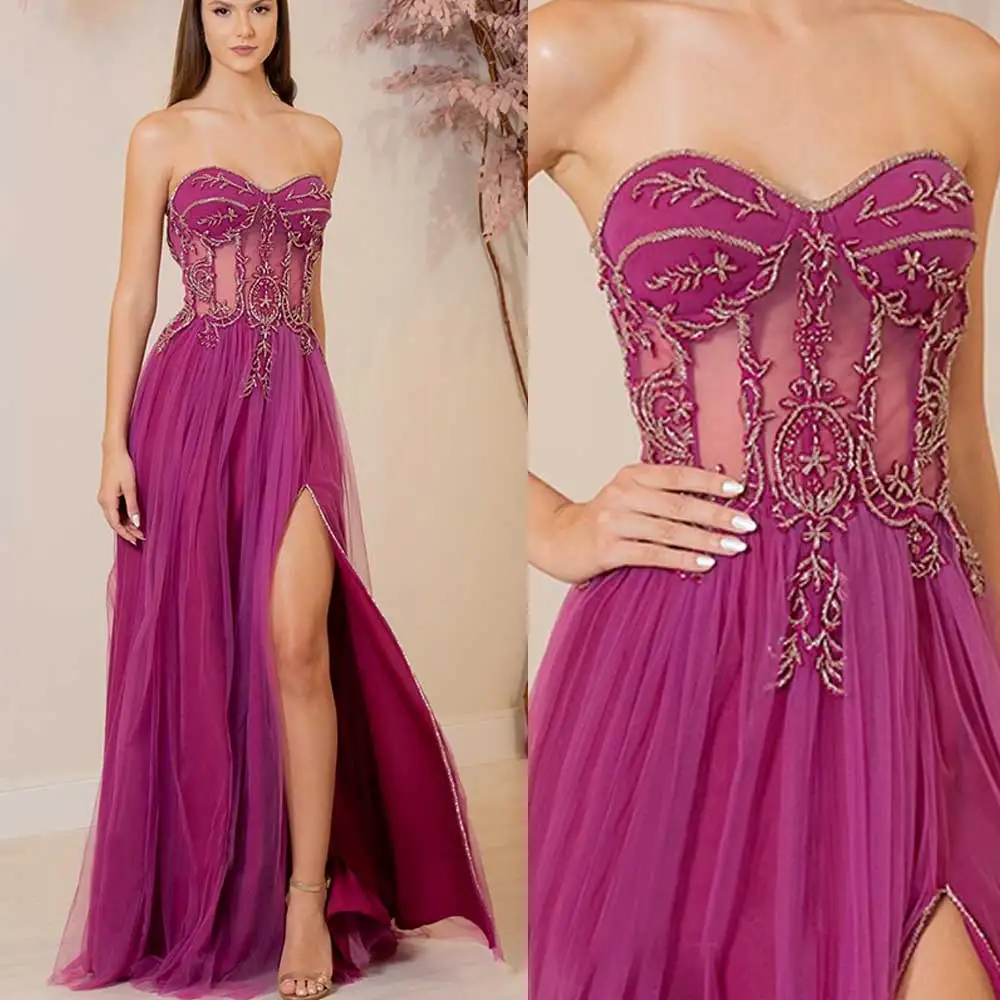 Customized Luxury Sweetheart Evening Gown Tulle Applique Backless Tiered Draped High Split Sweep Train Party Dresses Es