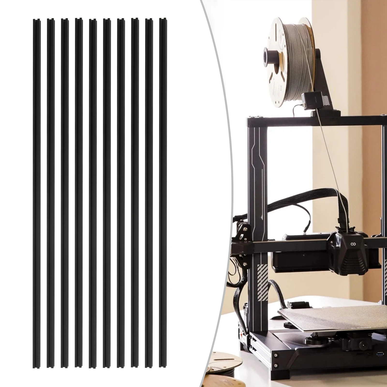 Pacote com 10 Perfis de Alumínio 6063 Pretos com Ranhura T, 1m x 2cm de Seção Transversal, Oxidados, para Móveis DIY, Automação e Impressora 3D