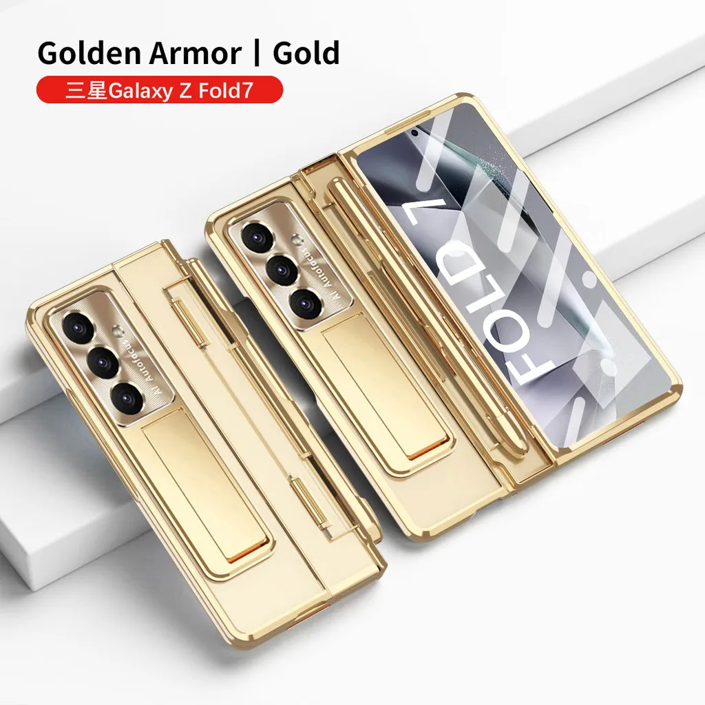 

With Pen Plating Clear Magnetic Case For Samsung Galaxy Z Fold 7 Fold7 6 5 4 3 5G Screen Protector Transparent Kickstand Cover