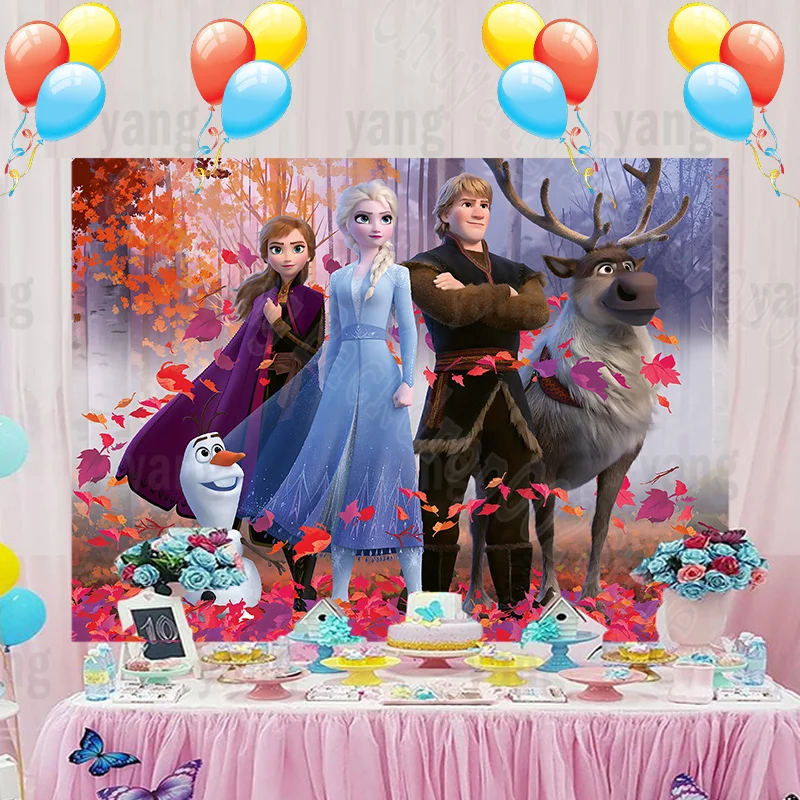 Fondo de dibujos animados de Disney para fiesta de cumpleaños, telón de fondo de dibujos animados de Sven Olaf, hojas rojas, princesa Frozen, Elsa, Anna, bosque de hielo colorido