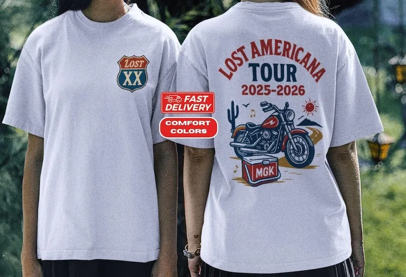 

Футболка Lost Americana Tour MGK Графическая футболка Concert Merch Distressed MGK American Road Trip Tee, принт спереди и сзади