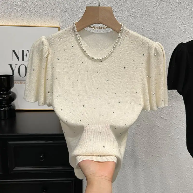 

Женская футболка с короткими рукавами и бусинами для ногтей, модный дизайн и пузырьковые рукава, красивый вязаный топ