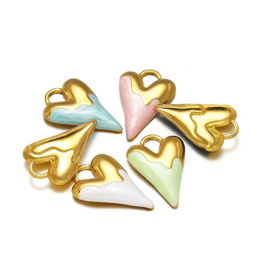 5pcs Stainless Steel Fresh Color Enamel Heart Charms Medal Pendants for DIY Jewelry Making Lovers Necklace Findings Supplies