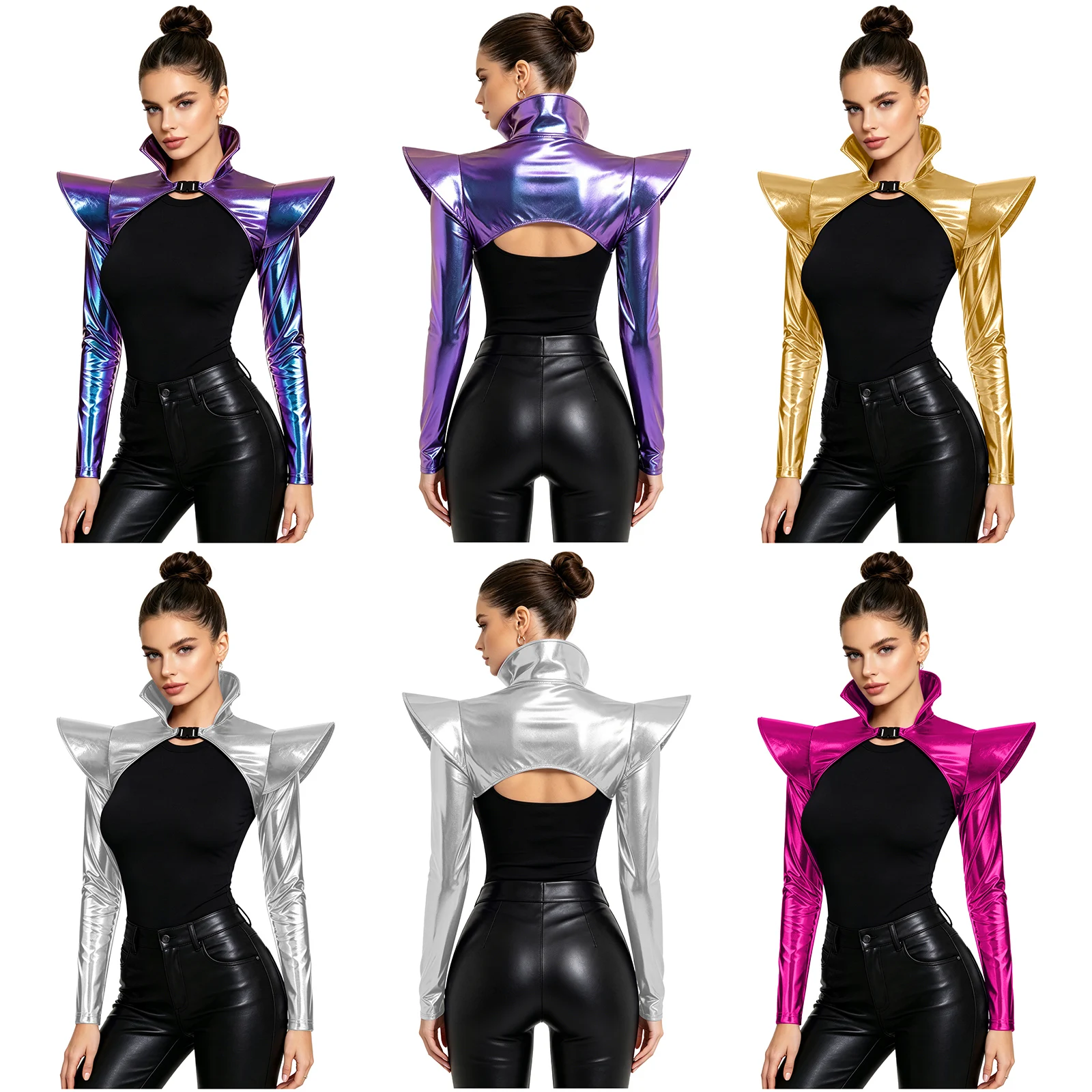 Womens Open Front with Buckle Crop Top Metallic Shiny Shrugs Armor Long Sleeves Structured Epaulets Pauldron Gothic Clubwear