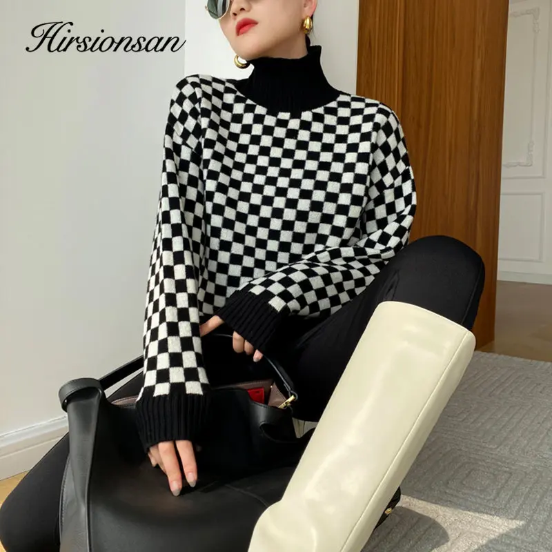 Hirsionsan Winter Vintage Turtle Neck Plaid Sweater Women Basic Loose Knitted Pullover Ladies Thick Warm Knitwear Female Clothes