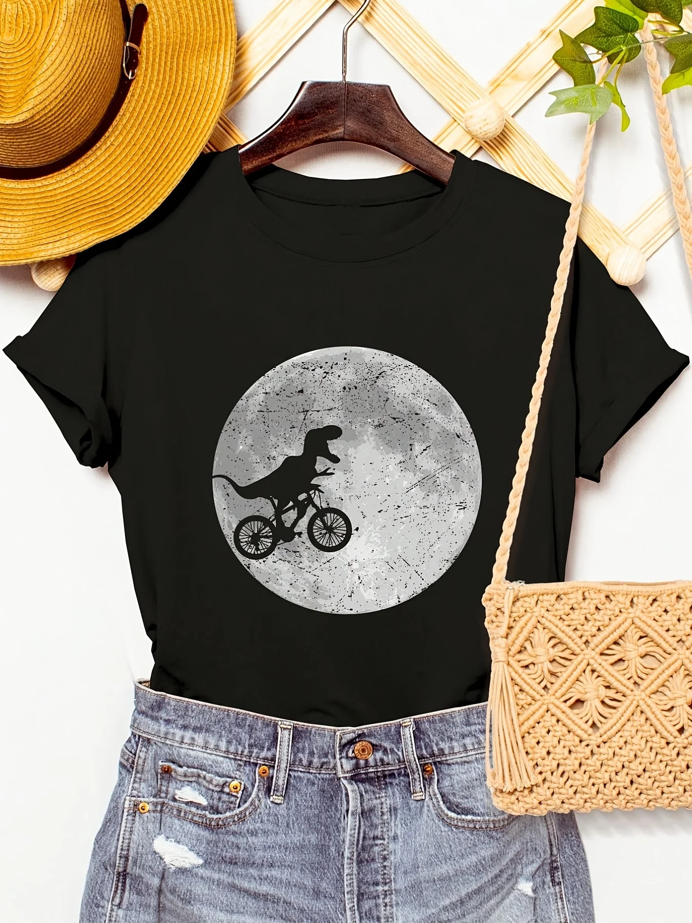 

Dinosaur And Moon Print Short Sleeve Round Neck T-Shirt harajuku women t shirt y2k clothes stranger things