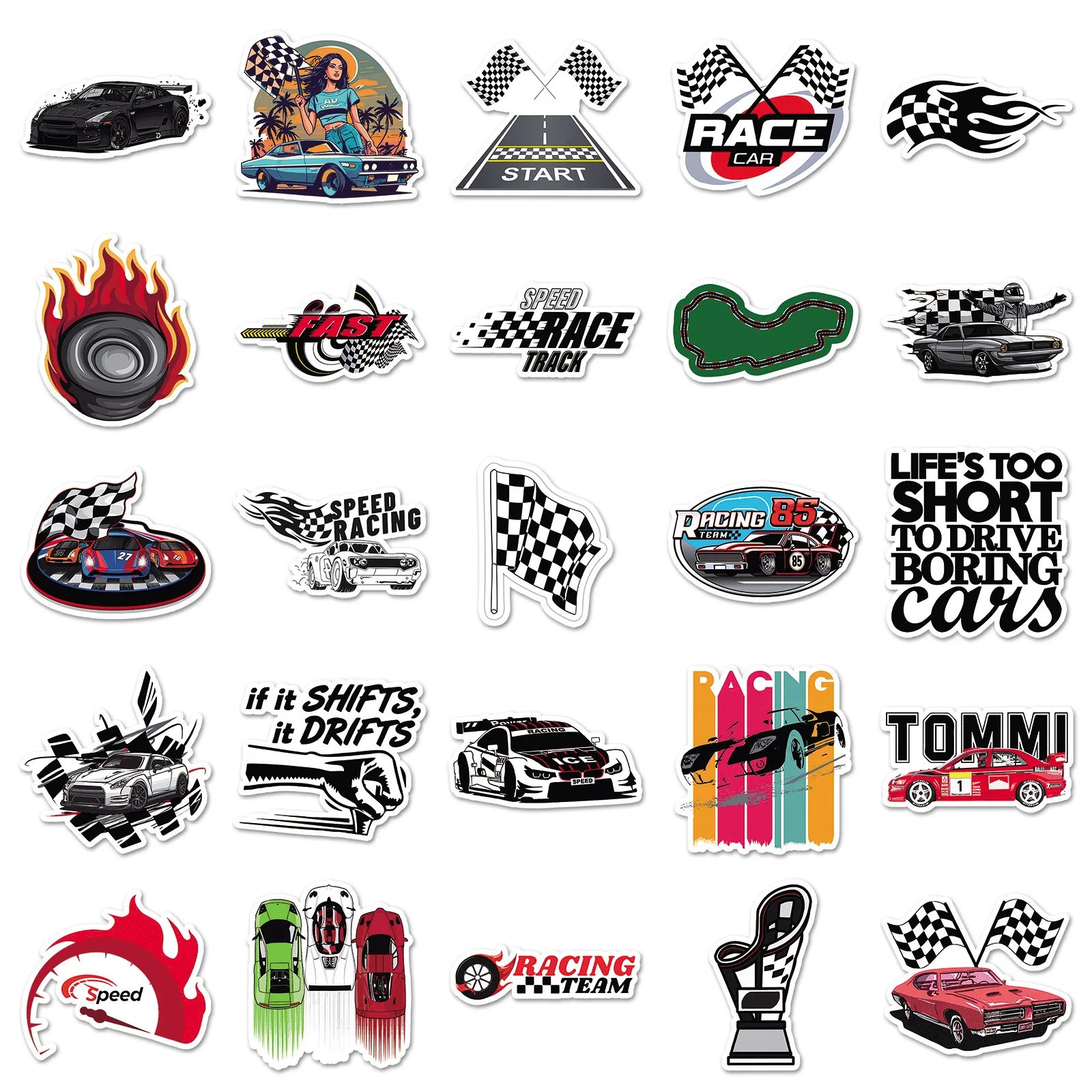 Motor Racing Cartoon Adesivos, Automóvel Raça Graffiti Adesivo, Decalques De Pista, Bagagem, Laptop, Telefone, Carro, Bicicleta, Skate, 10 pcs, 30 pcs, 50pcs