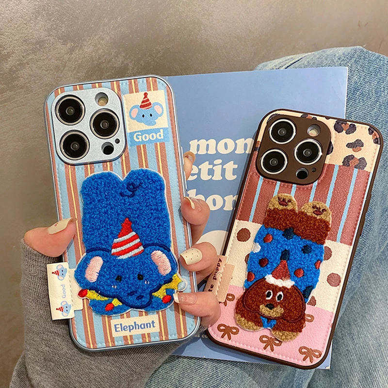 

Cartoon Cute 3D Plush Elephant Puppy Drum Bag Leather Phone Case For iPhone 16 15 13 14 11 12 Pro Max Cover
