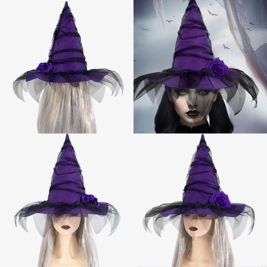 

M6CD Halloween Rose Witch Hat Masquerade Witch Hats Fashion Dark Veil Hat